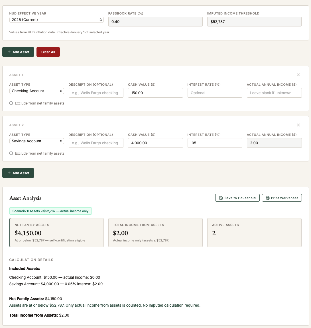 LIHTC.guide Asset Calculator screen showing household assets, net family assets, and income from assets under HOTMA rules
