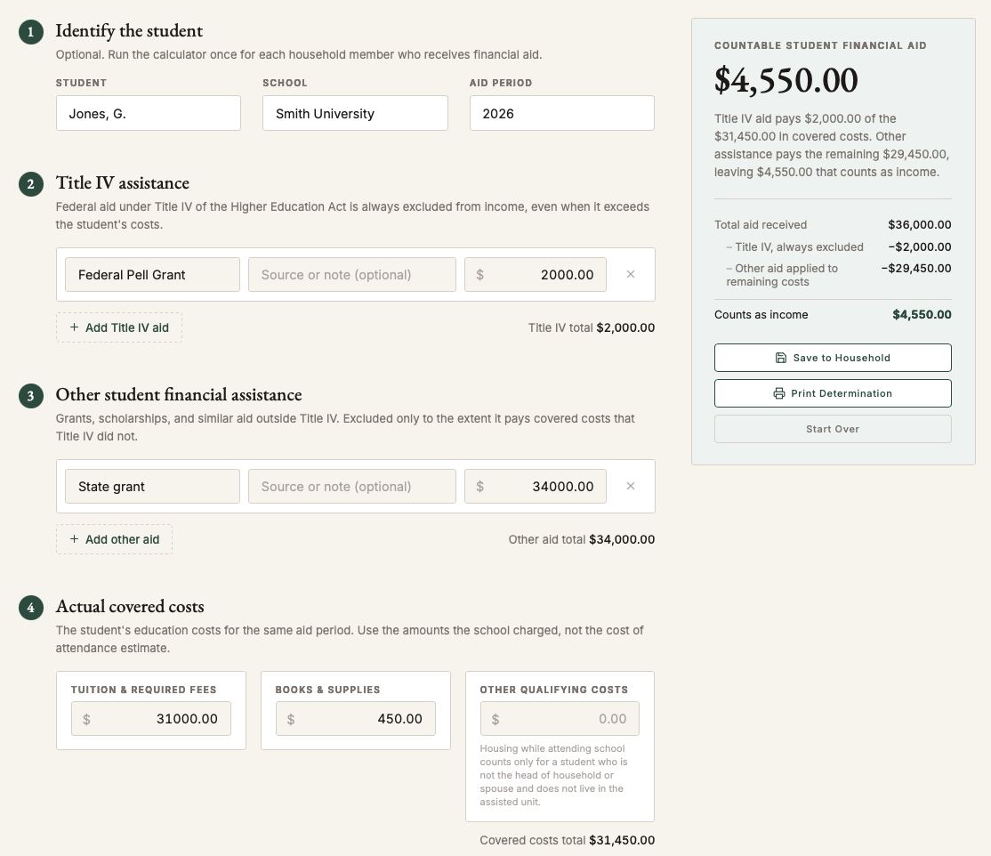 LIHTC.guide Student Financial Aid Calculator screen showing Title IV aid, other assistance, covered costs, and the countable amount