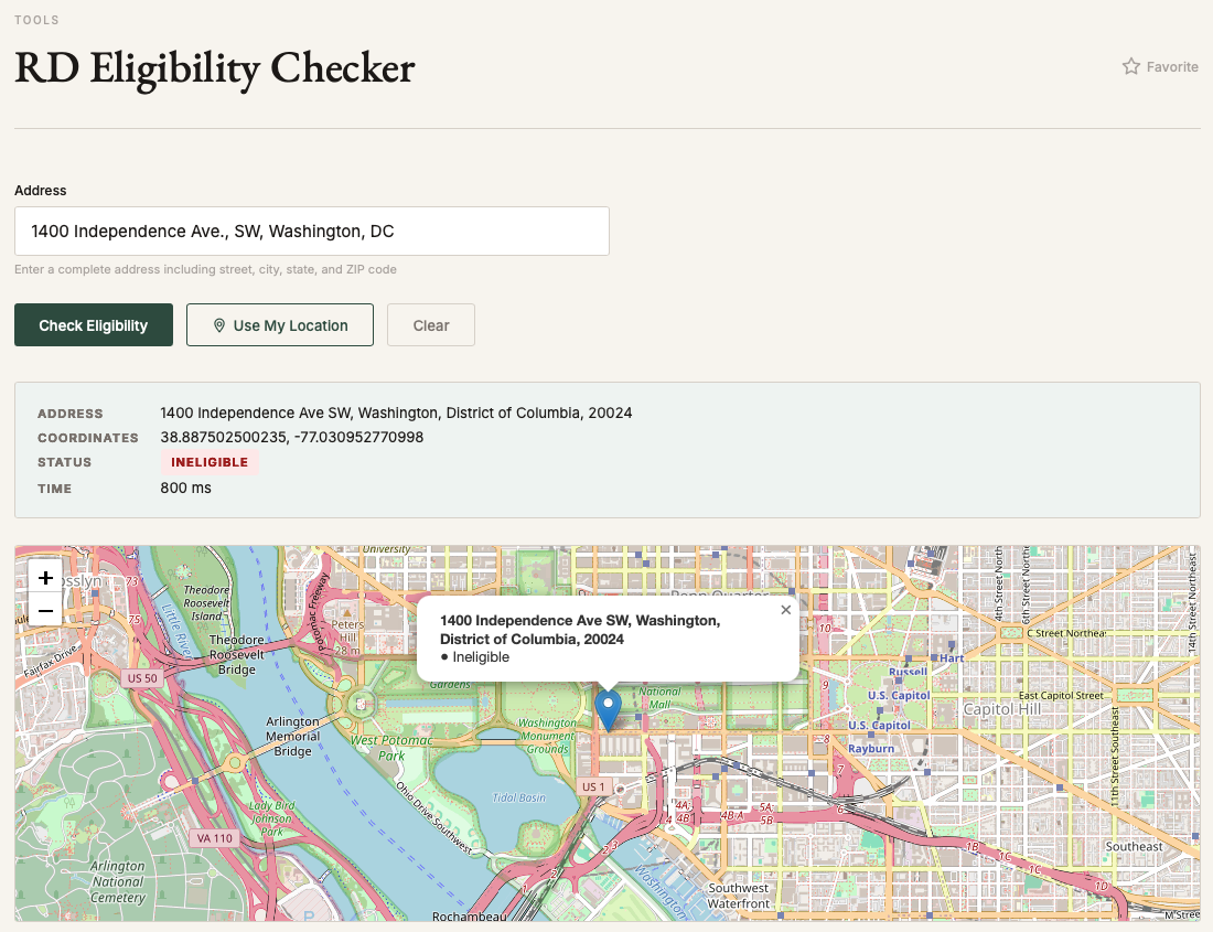 LIHTC.guide RD Eligibility Checker screen showing an address lookup, an ineligible status result, and the location pinned on a map