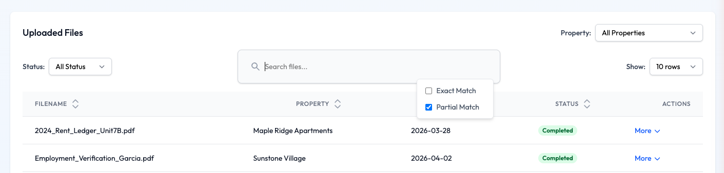 Uploaded files table with searchable filename, property, and status columns